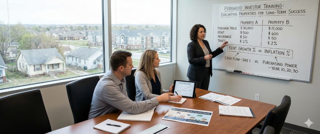 Investor training session showing a rental property comparison and long-term cash flow analysis.