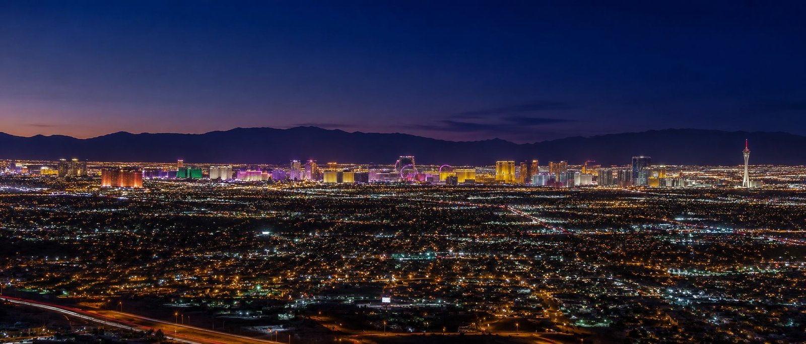 The Las Vegas Strip and valley at dusk, Las Vegas, Nevada